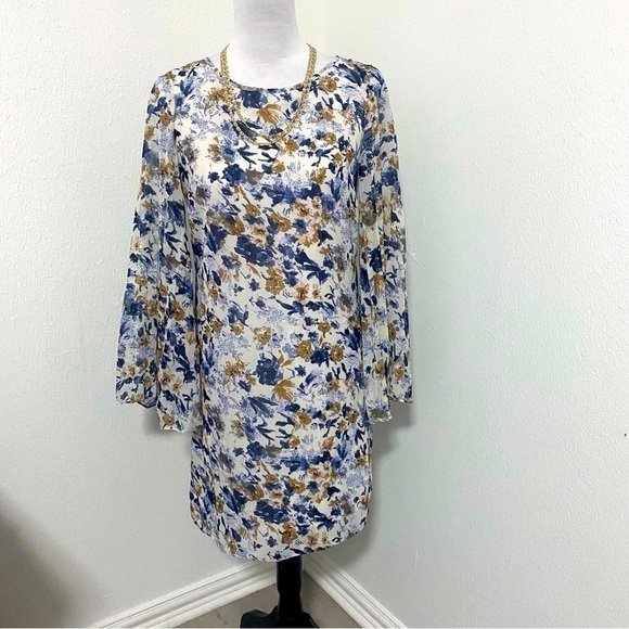 Dress Barn Cocktail Dress Floral Blue/Beige 100% Polyester Flare Sleeves Size 4 - Picture 1 of 12